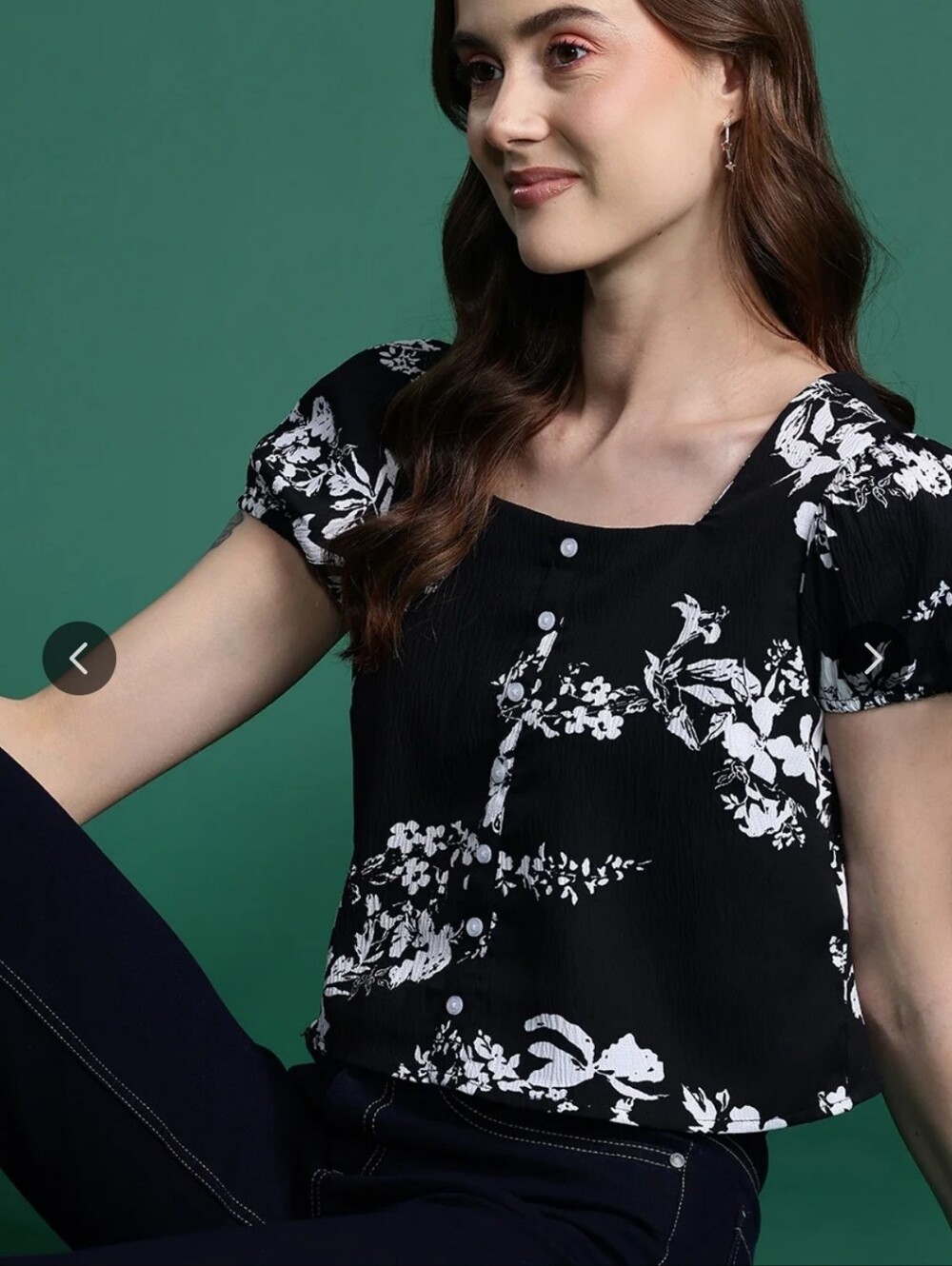 Black Floral Square-Neck Short Sleeve Top